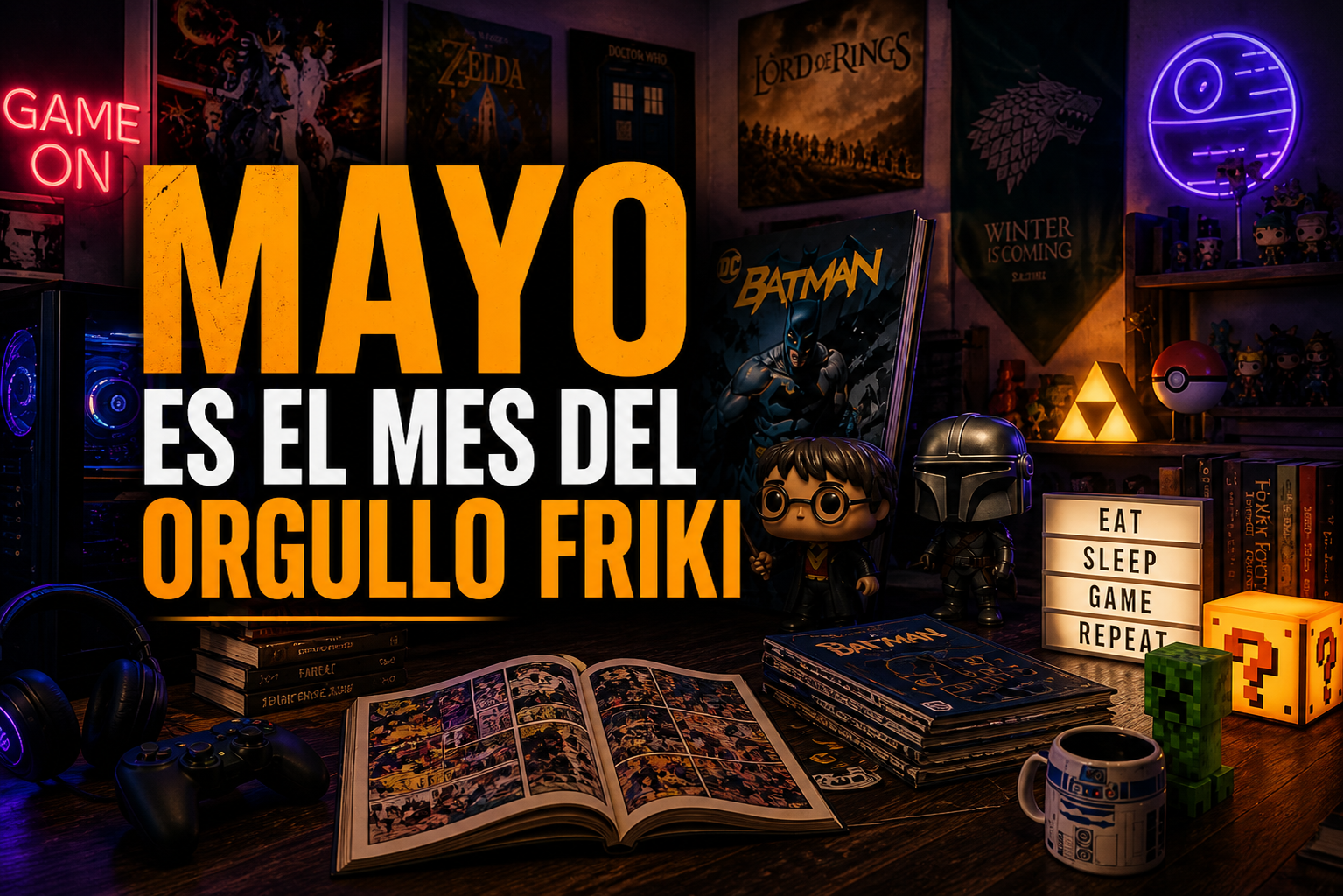 Habitación gamer con estética friki y luces neón, escritorio con cómics, figuras y setup gaming, con texto “Mayo es el mes del orgullo friki”.