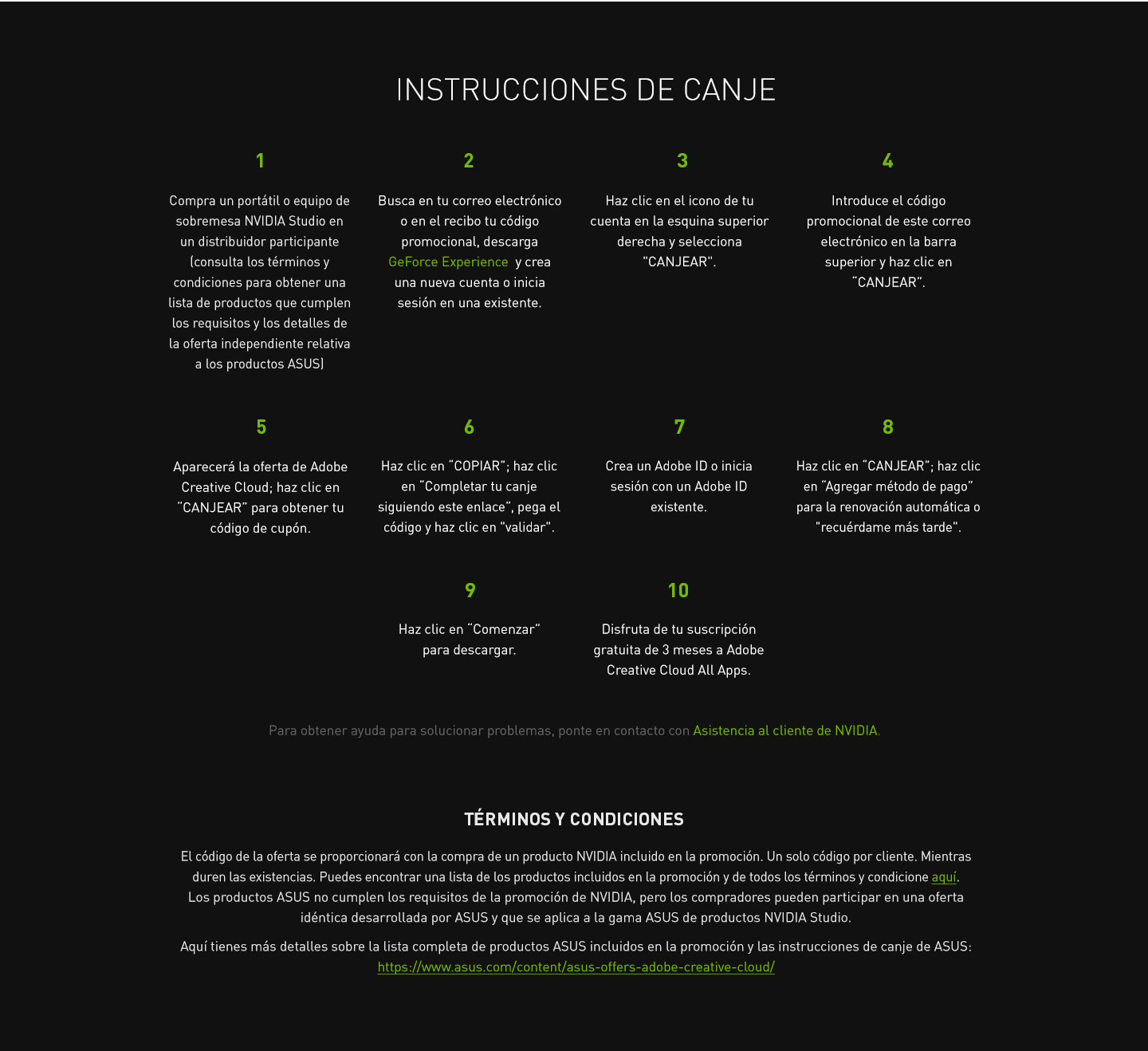 Instrucciones de canje y terminos y condiciones
