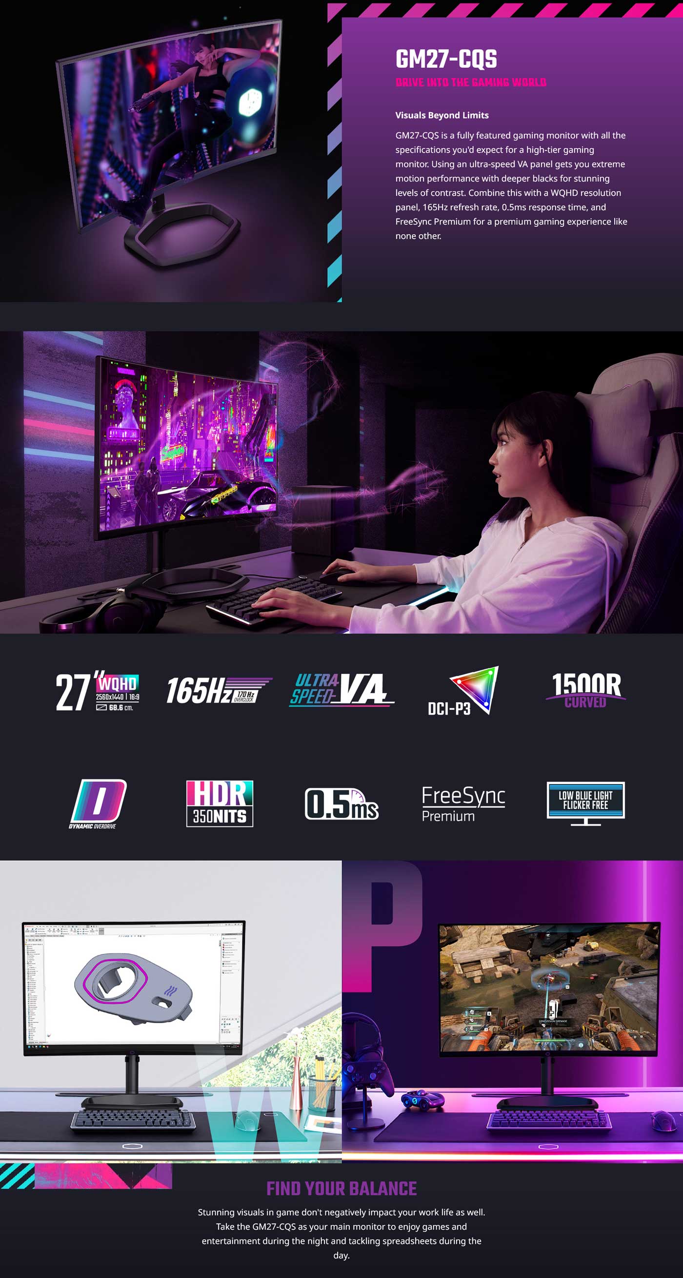 Moniteur Cooler Master GM27-CQS 27" VA QHD 170 Hz FreeSync Curvo 2
