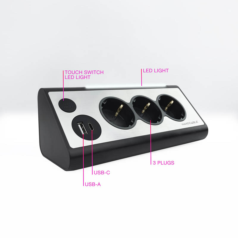 Regleta Nanocable Interruptor 3 Tomas USB-A + USB-C + Luz Negro
