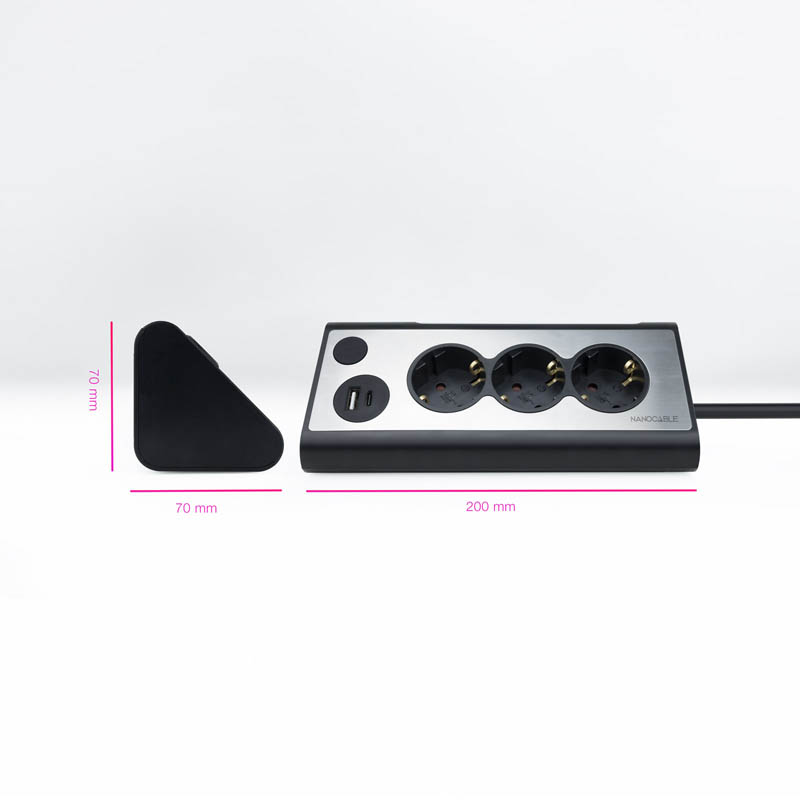 Regleta Nanocable Interruptor 3 Tomas USB-A + USB-C + Luz Negro