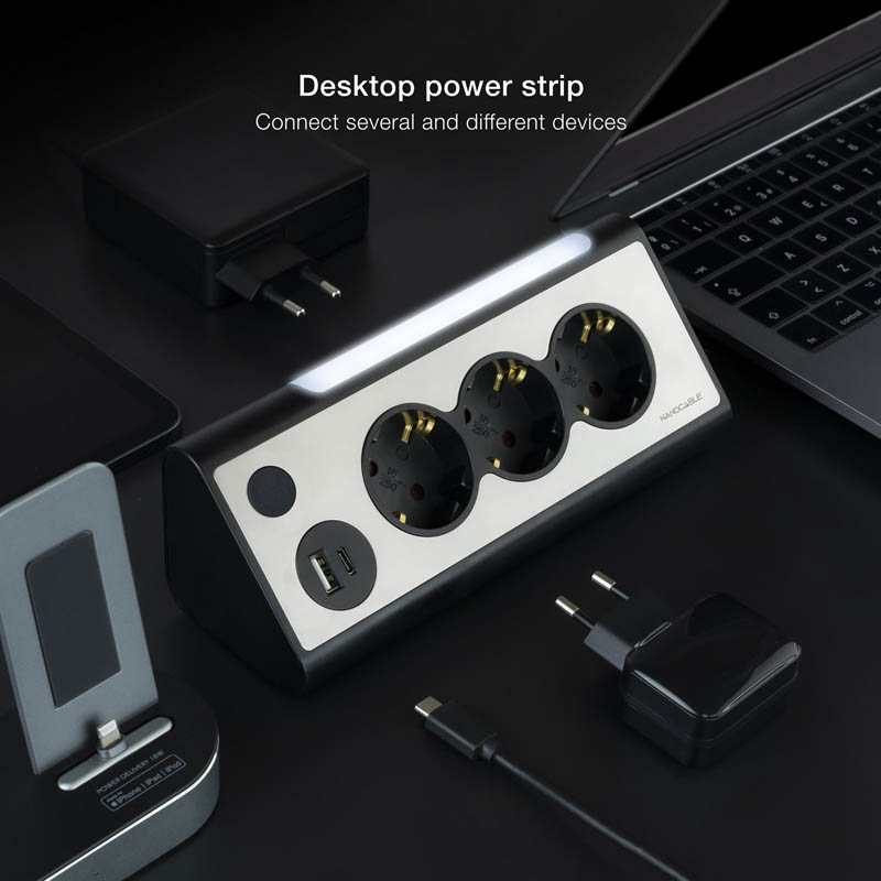 Regleta Nanocable Interruptor 3 Tomas USB-A + USB-C + Luz Negro