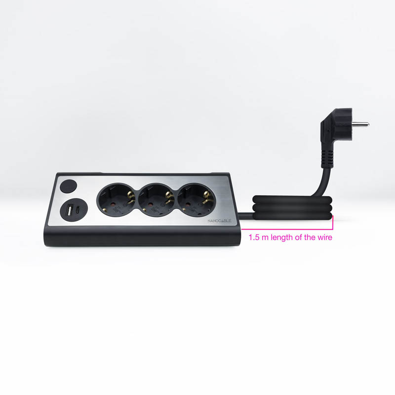 Regleta Nanocable Interruptor 3 Tomas USB-A + USB-C + Luz Negro