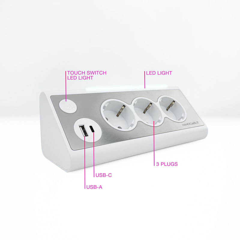 Regleta Nanocable Interruptor 3 Tomas USB-A + USB-C + Blanco