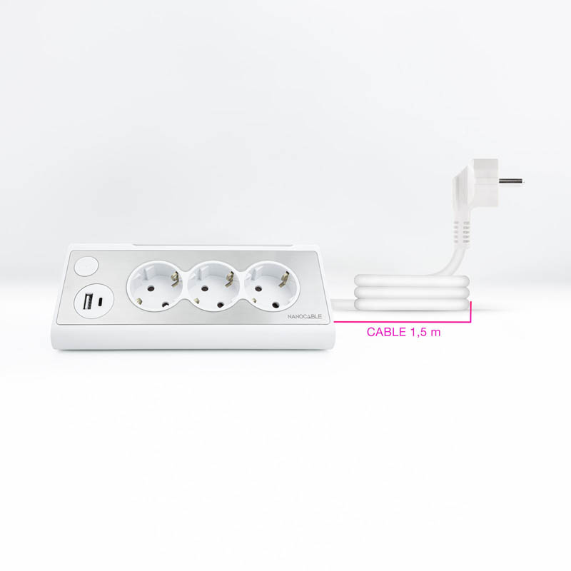 Regleta Nanocable Interruptor 3 Tomas USB-A + USB-C + Blanco