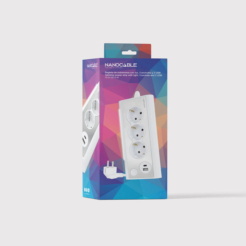 Regleta Nanocable Interruptor 3 Tomas USB-A + USB-C + Blanco