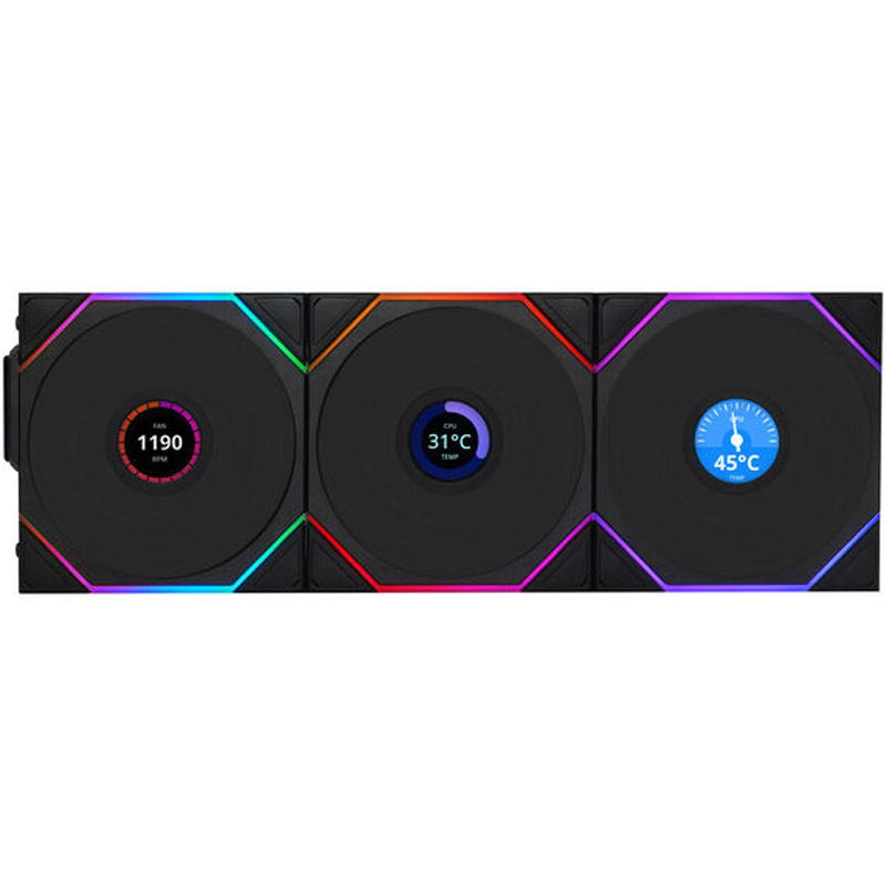 Ventilador Lian Li Uni Fan TL120 Wireless LCD ARGB Reverse Blade 120mm Triple Pack Negro