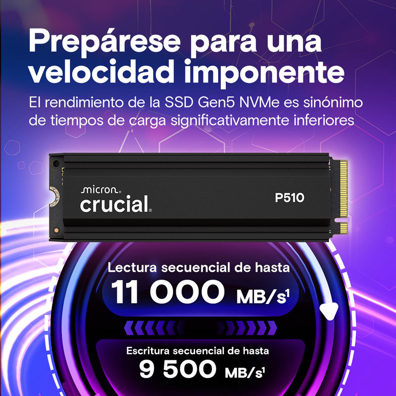 Disco Duro M.2 Crucial P510 2TB PCIe Gen5 x4 NVMe SSD Con Disipador