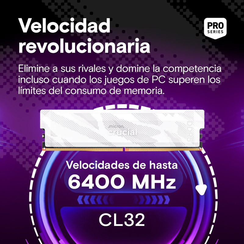 Memoria DDR5 Crucial Pro OC 32GB 2x16GB 6400MHz CL32 EXPO-XMP Blanco