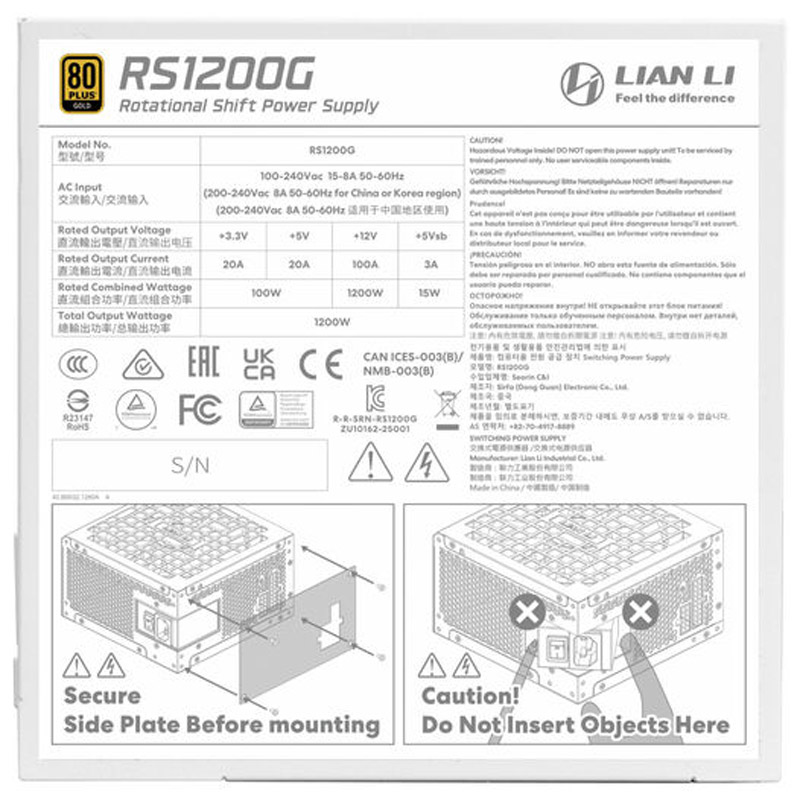 Fuente/PSU Lian Li Rotational Shift RS1200G 80 Plus Gold 1200W ATX 3.1 Modular Con Hub Blanco