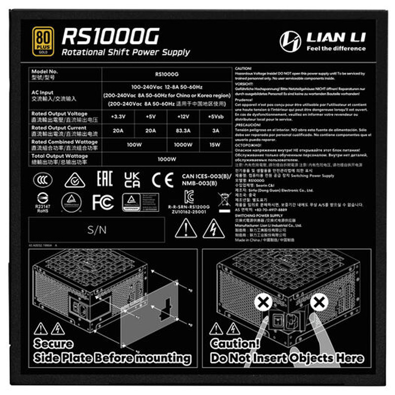 Fuente/PSU Lian Li Rotational Shift RS1000G 80 Plus Gold 1000W ATX 3.1 Modular Con Hub Negro