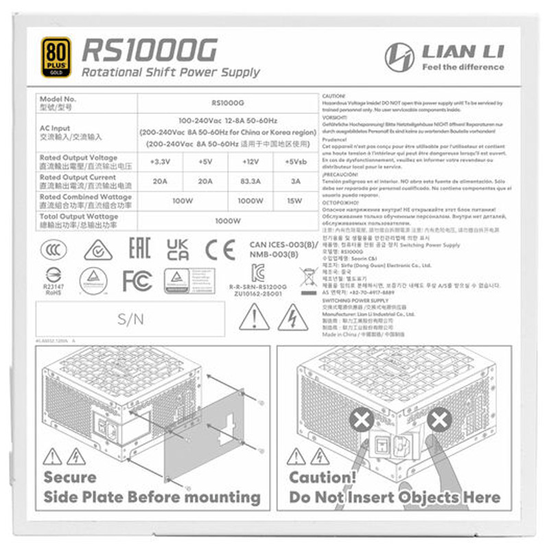 Fuente/PSU Lian Li Rotational Shift RS1000G 80 Plus Gold 1000W ATX 3.1 Modular Con Hub Blanco