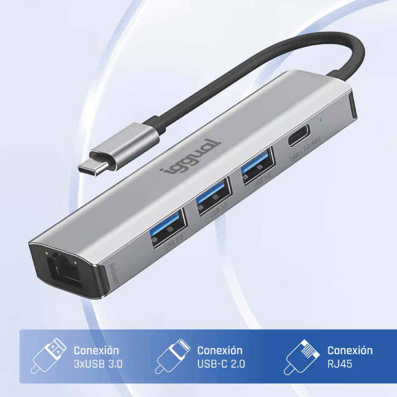 Hub iggual Tipo C 5 Puertos 3xUSB + RJ45 + Tipo C