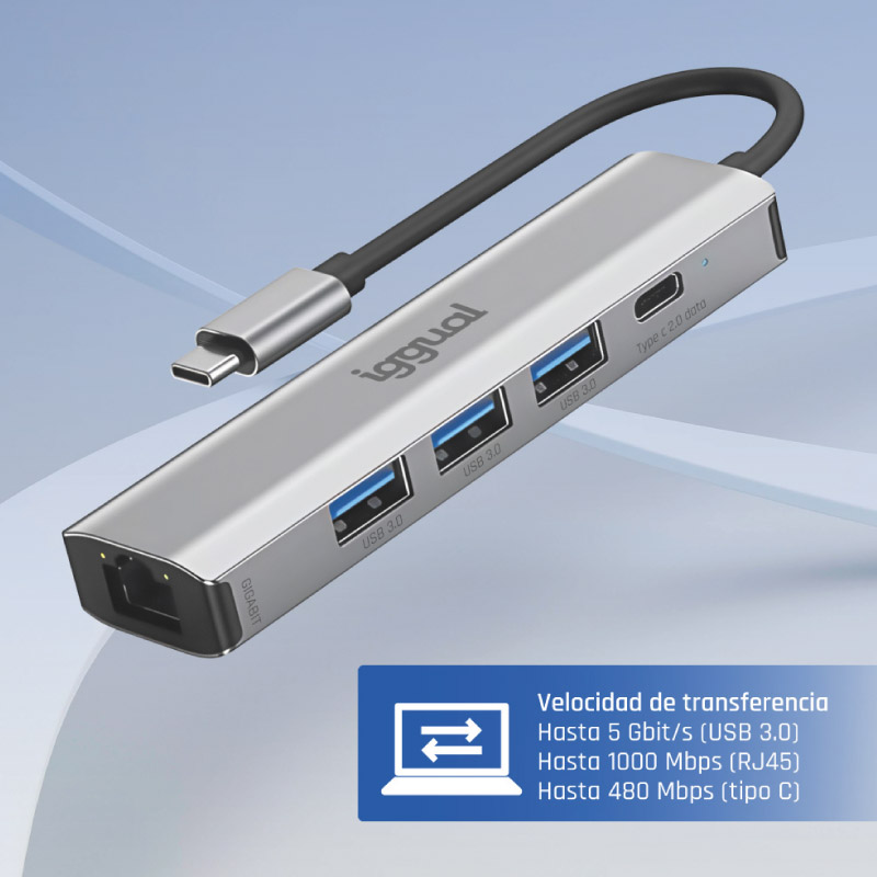 Hub iggual Tipo C 5 Puertos 3xUSB + RJ45 + Tipo C