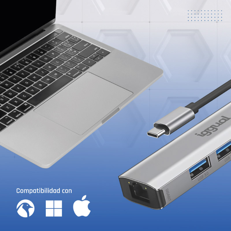 Hub iggual Tipo C 5 Puertos 3xUSB + RJ45 + Tipo C