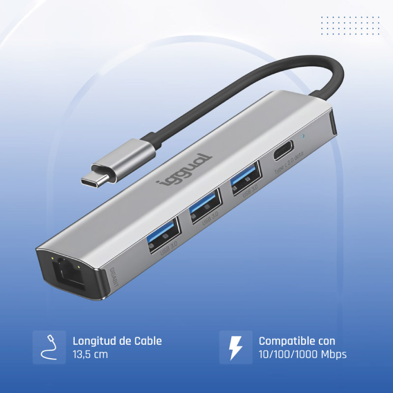 Hub iggual Tipo C 5 Puertos 3xUSB + RJ45 + Tipo C