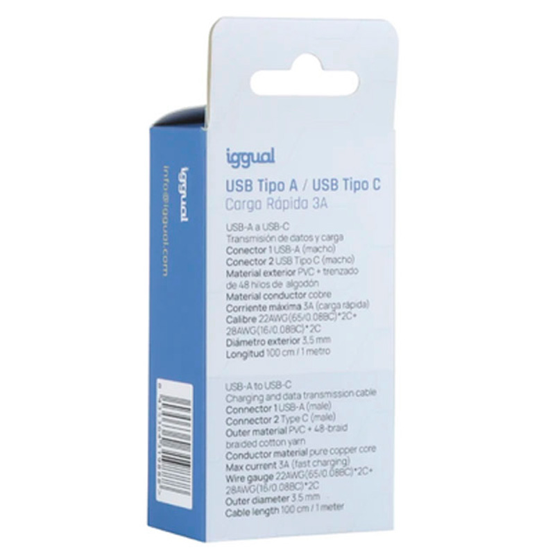 Cable USB iggual Tipo A A Tipo C 3A 100cm Trenzado