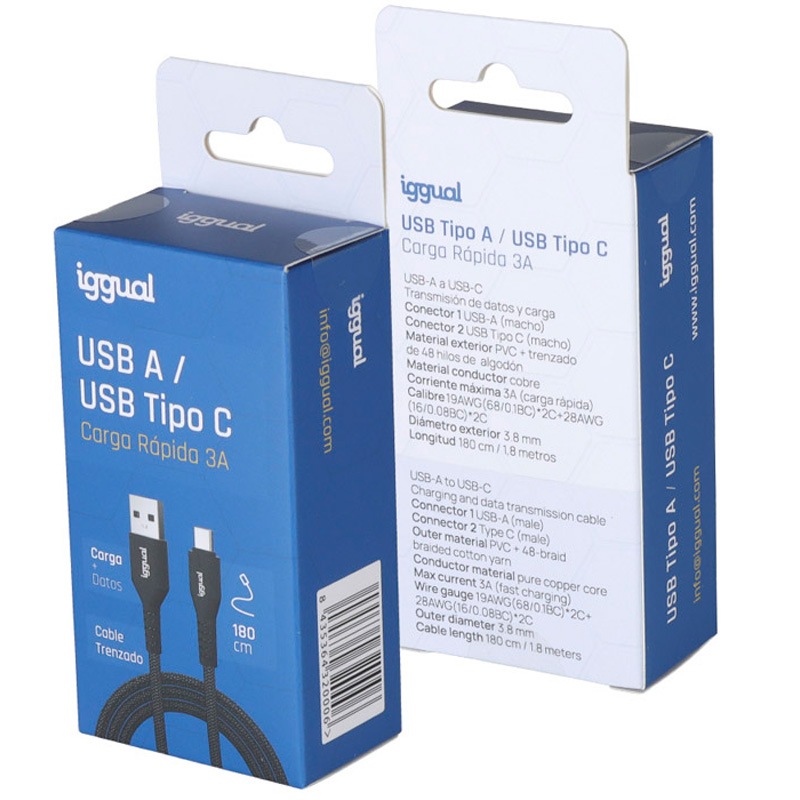 Cable USB iggual Tipo A A Tipo C 3A 180cm Trenzado