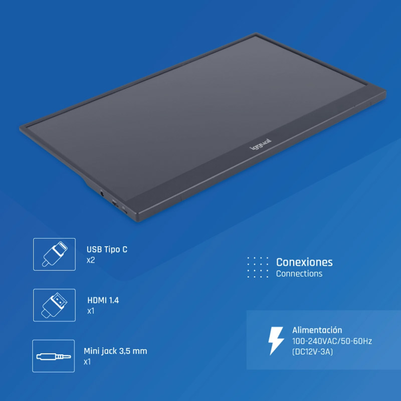 Monitor iggual MPL156 Portátil 15.6 pulgadas FHD IPS USB-C Con Funda