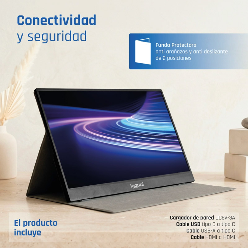 Monitor iggual MPL156 Portátil 15.6 pulgadas FHD IPS USB-C Con Funda