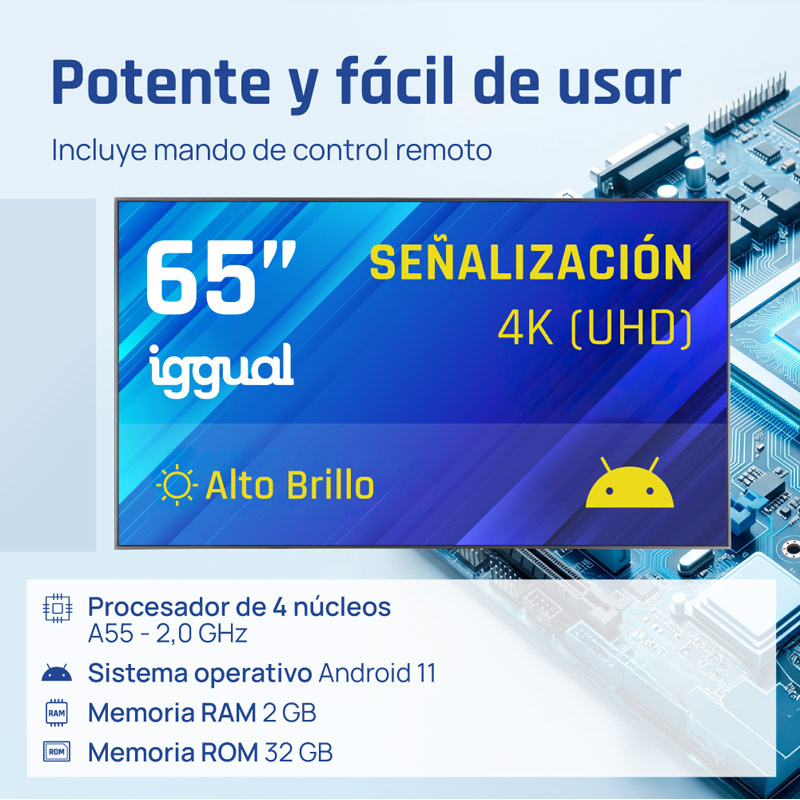 Pantalla iggual Señalización 4K 65 pulgadas Alto Brillo