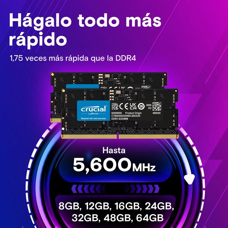 Memoria DDR5 Crucial 32GB 1x32GB 5600MHz CL46 SoDIMM Tray