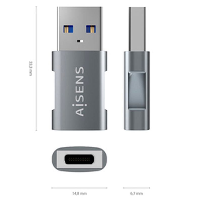 Adaptador Aisens A108-0655 Mini USB 3.2 Gen2 10G 3A Tipo USB-C/H-A/M Gris