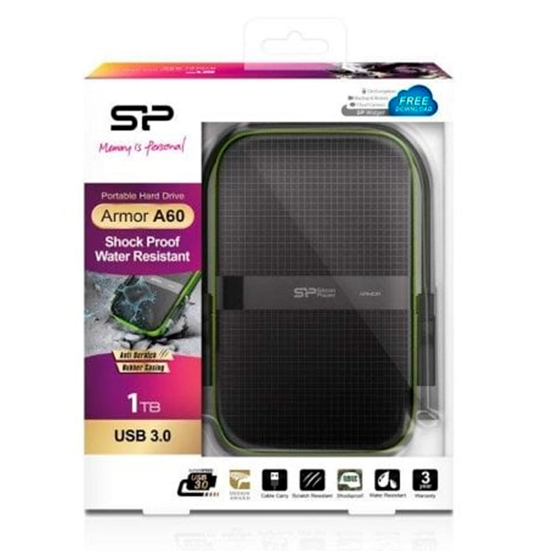 Disco Duro Externo Silicon Power Armor A60 HDD 1TB 2.5 pulgadas USB 3.2 Resistente Golpes Agua Negro