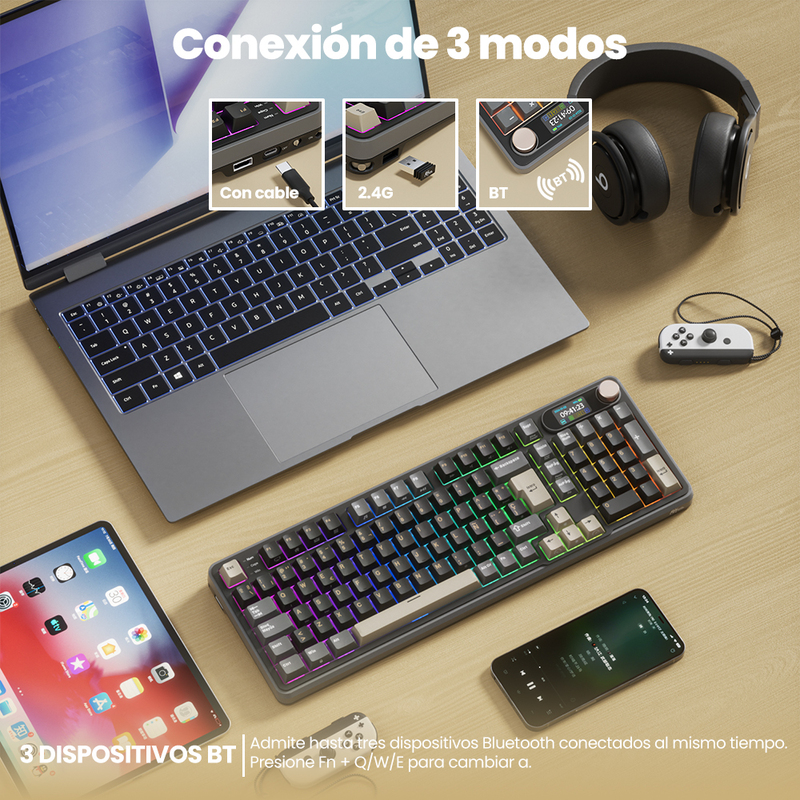 Teclado Royal Kludge RKS98 ISO-ES Hot-Swappable Switch Beige Wireless Phantom