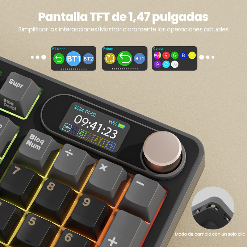 Teclado Royal Kludge RKS98 ISO-ES Hot-Swappable Switch Beige Wireless Phantom