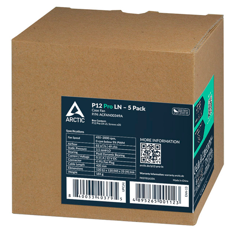 Ventilador Artic P12 Pro LN 120mm Pack 5 Uds. Negro