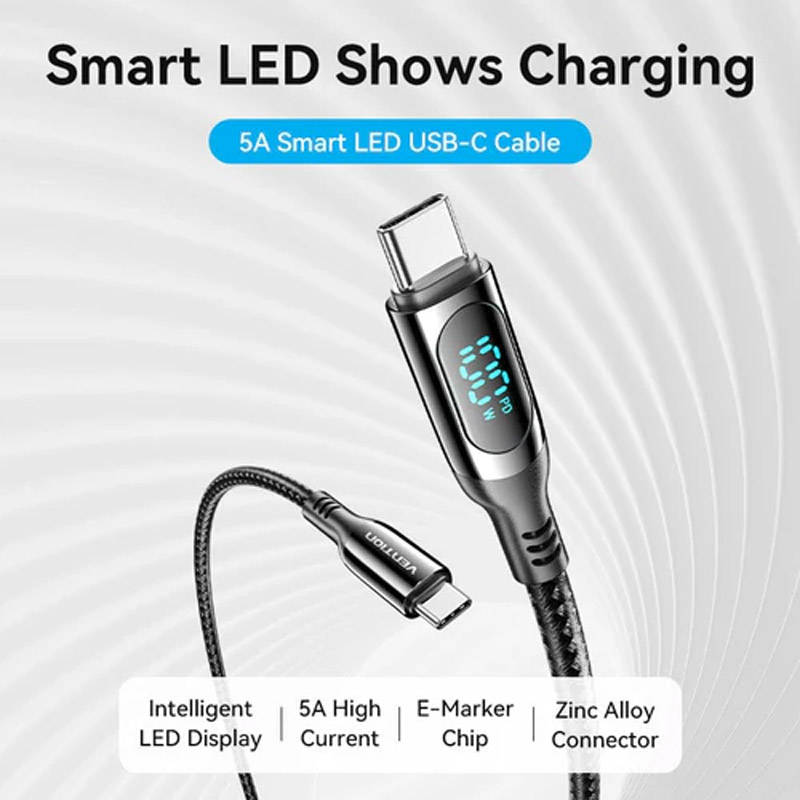 Cable USB Vention (TAYBAV) USB-C A USB-C 2.0 5A 100W 1.2m Negro Con Pantalla LED