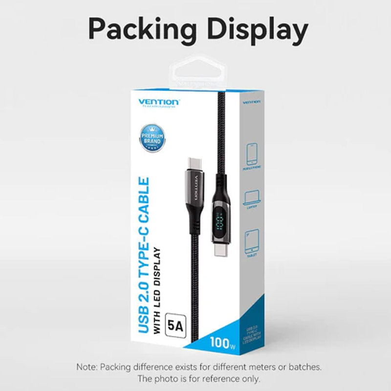 Cable USB Vention (TAYBAV) USB-C A USB-C 2.0 5A 100W 1.2m Negro Con Pantalla LED