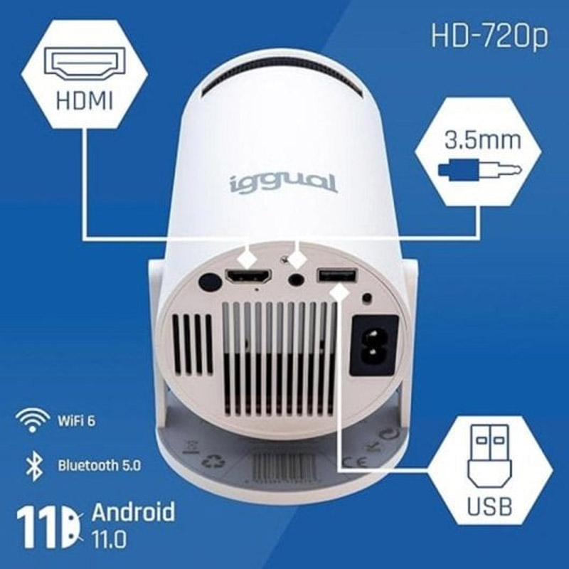 Pack  iggual IGG319871 Proyector Portátil MP720p + Pantalla De Tela 100 pulgadas Wi-Fi 6 BT 5.0 Blanco