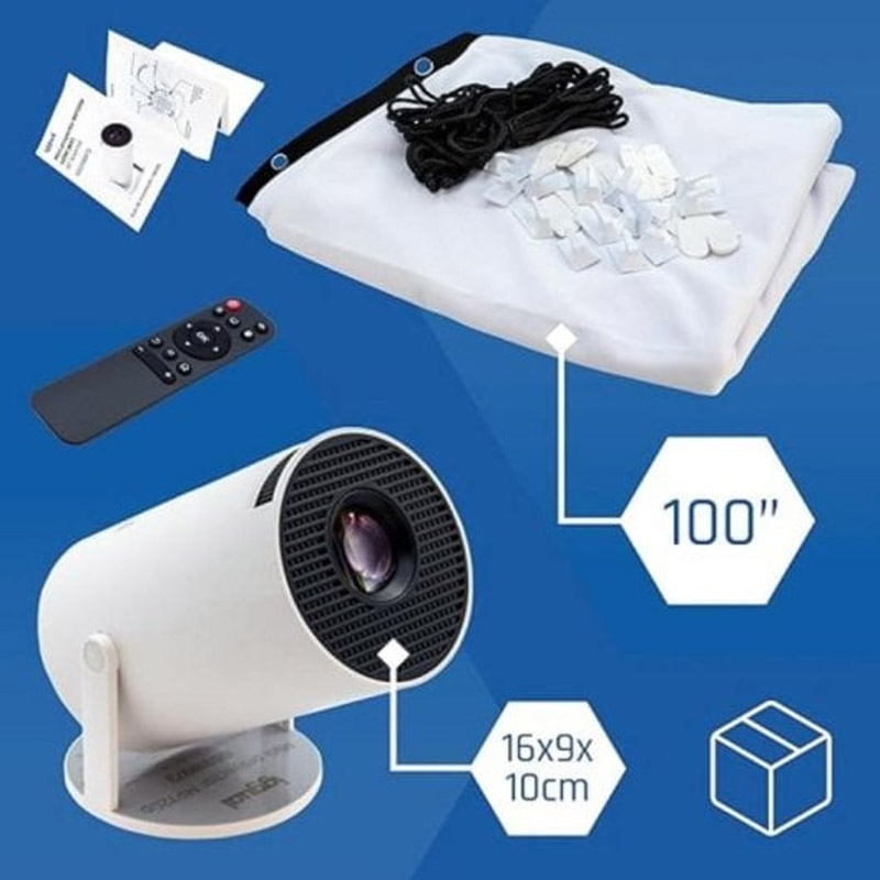 Pack  iggual IGG319871 Proyector Portátil MP720p + Pantalla De Tela 100 pulgadas Wi-Fi 6 BT 5.0 Blanco