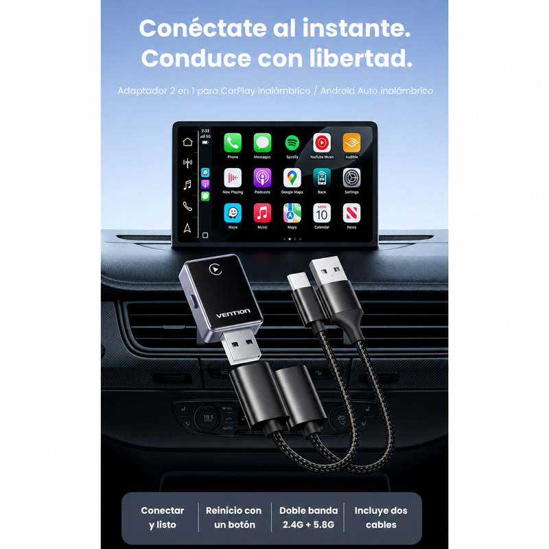 Adaptador Vention KRYH0 USB-A CarPlay / Android Auto Bluetooth 4.2 Gris