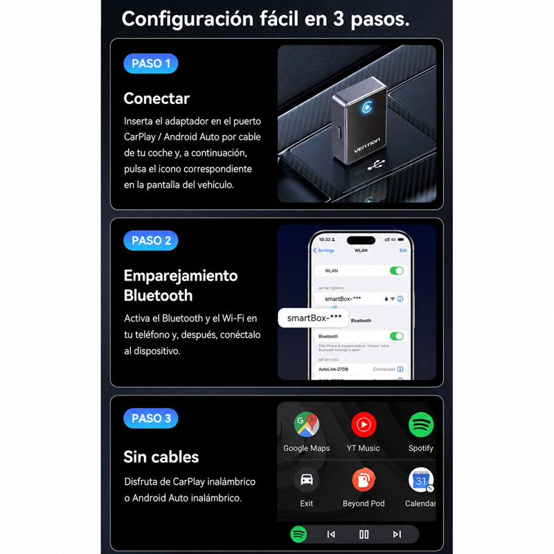 Adaptador Vention KRYH0 USB-A CarPlay / Android Auto Bluetooth 4.2 Gris