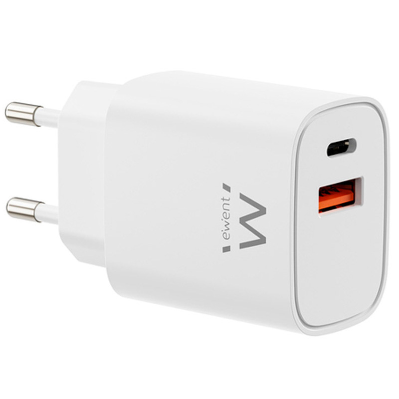 Cargador USB Ewent EW1326 Rápido GaN 30W USB-C Power Delivery 3.0 Y USB-A QC 3.0 Blanco