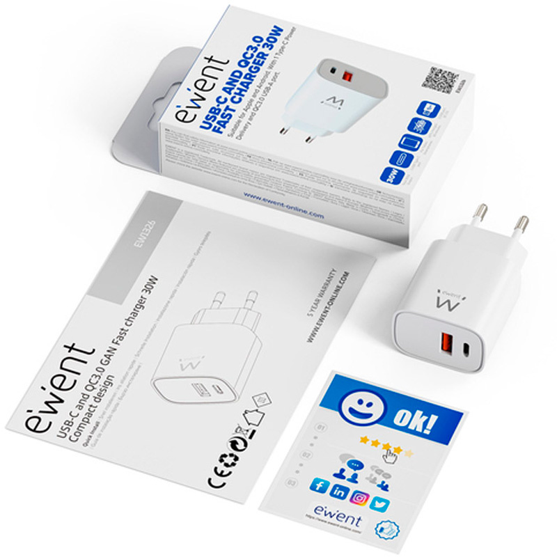 Cargador USB Ewent EW1326 Rápido GaN 30W USB-C Power Delivery 3.0 Y USB-A QC 3.0 Blanco