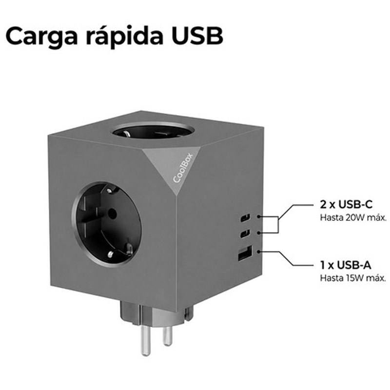 Base Coolbox CUBIK De Enchufes 3 Tomas Schuko Con Carga Rápida USB-C PD 20W Y USB-A Gris