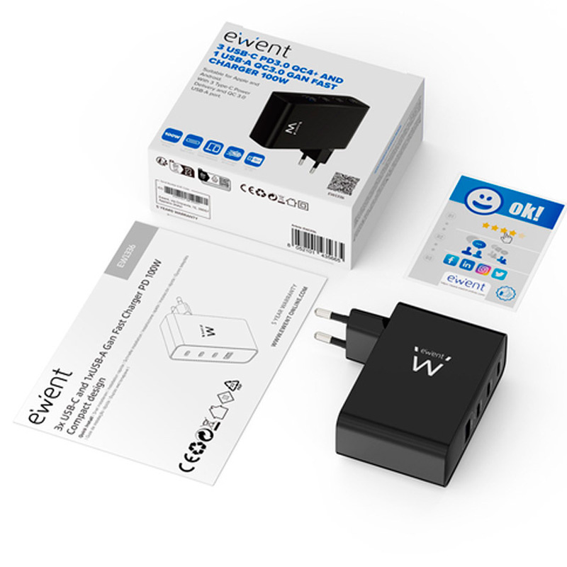 Cargador USB Ewent EW1336 Rápido GaN Fast 100W 4 Puertos USB