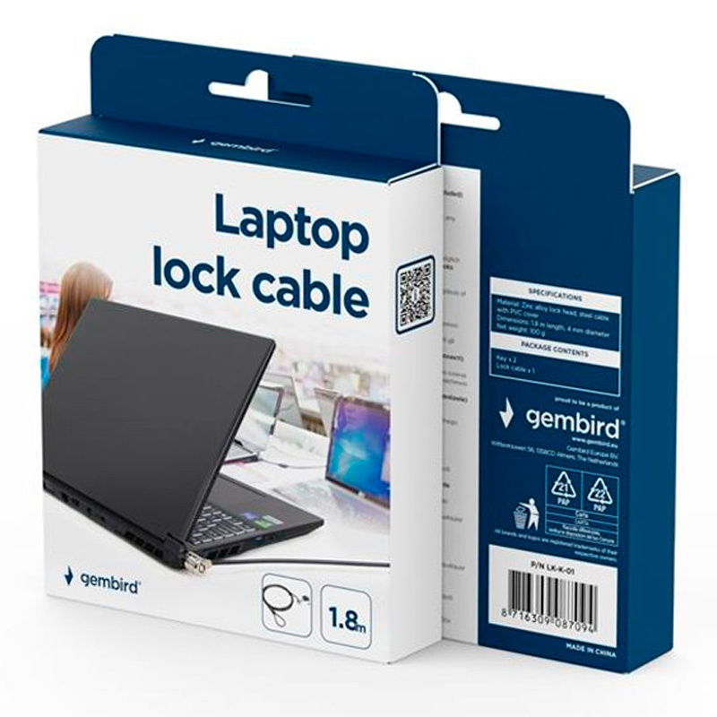 Cable Gembird Seguridad Para Portátiles Candado Con Llave 1.8m Acero