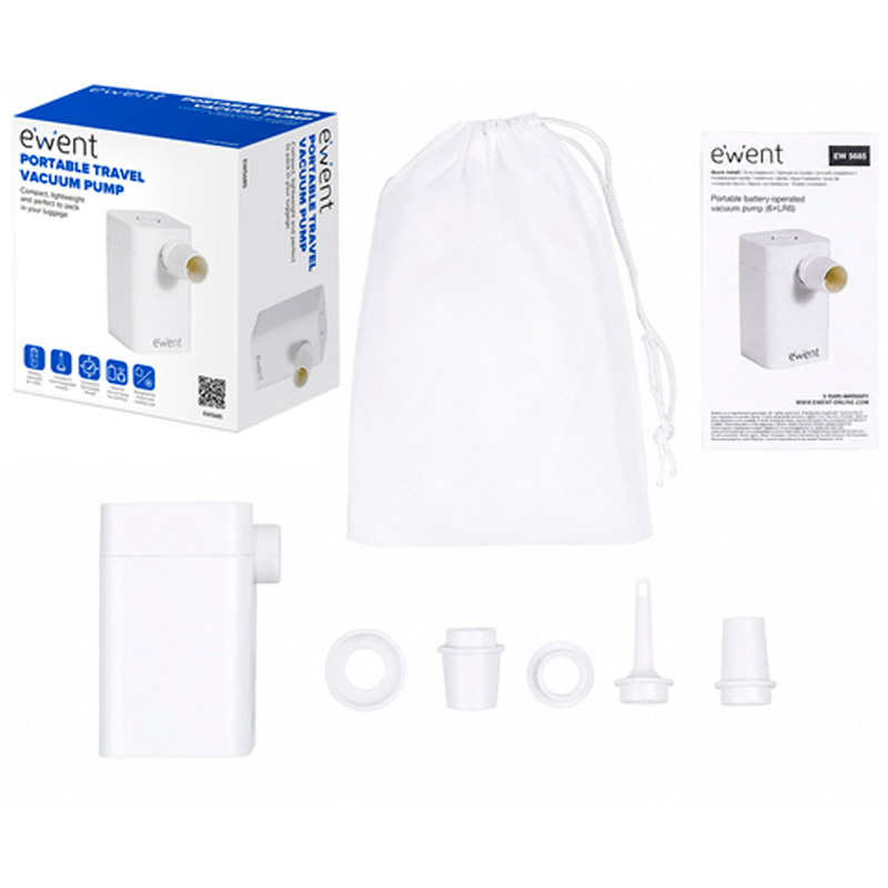 Bomba Ewent EW5685 De Vacío Portátil A Pilas Para Bolsas De Ropa 5 Boquillas Blanco
