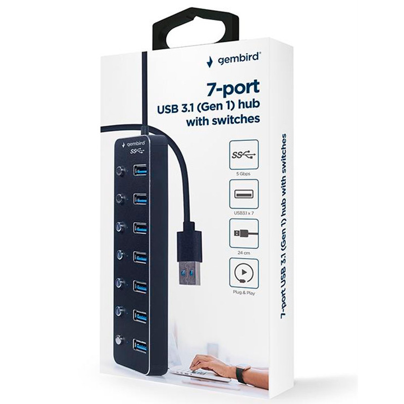 Hub Gembird UHB-U3P7P-01 USB 3.2 Gen 1 7 Puertos Con Interruptores Negro