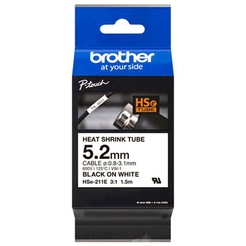Cinta Brother HSe-211E Termorretráctil Texto Negro Sobre Blanco 5.2mm x 1.5m Para Cables 0.8-3.1mm