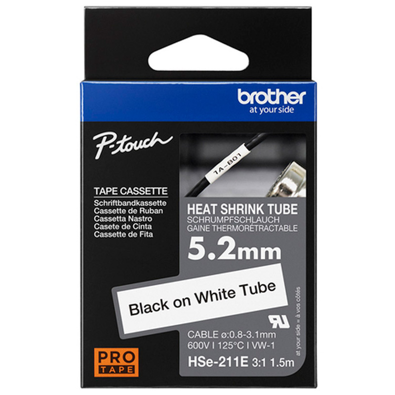 Cinta Brother HSe-211E Termorretráctil Texto Negro Sobre Blanco 5.2mm x 1.5m Para Cables 0.8-3.1mm