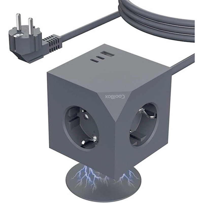 Base Coolbox CUBIK Magnet De Enchufes 3x Schuko 2x USB-C PD 1x USB-A 20W Cable 1.4m Gris