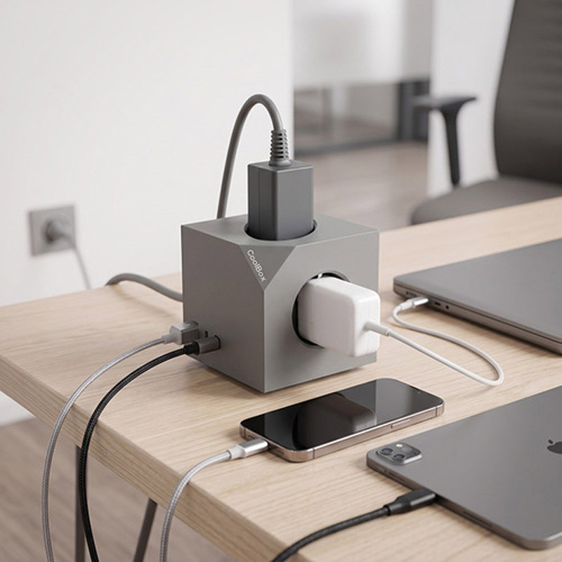 Base Coolbox CUBIK Magnet De Enchufes 3x Schuko 2x USB-C PD 1x USB-A 20W Cable 1.4m Gris