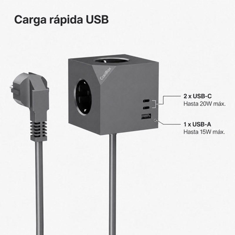 Base Coolbox CUBIK Magnet De Enchufes 3x Schuko 2x USB-C PD 1x USB-A 20W Cable 1.4m Gris