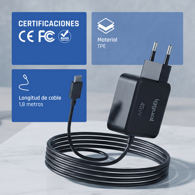 Cargador USB iggual IGG321270 USB-C Power Delivery 45W 1.8m Negro